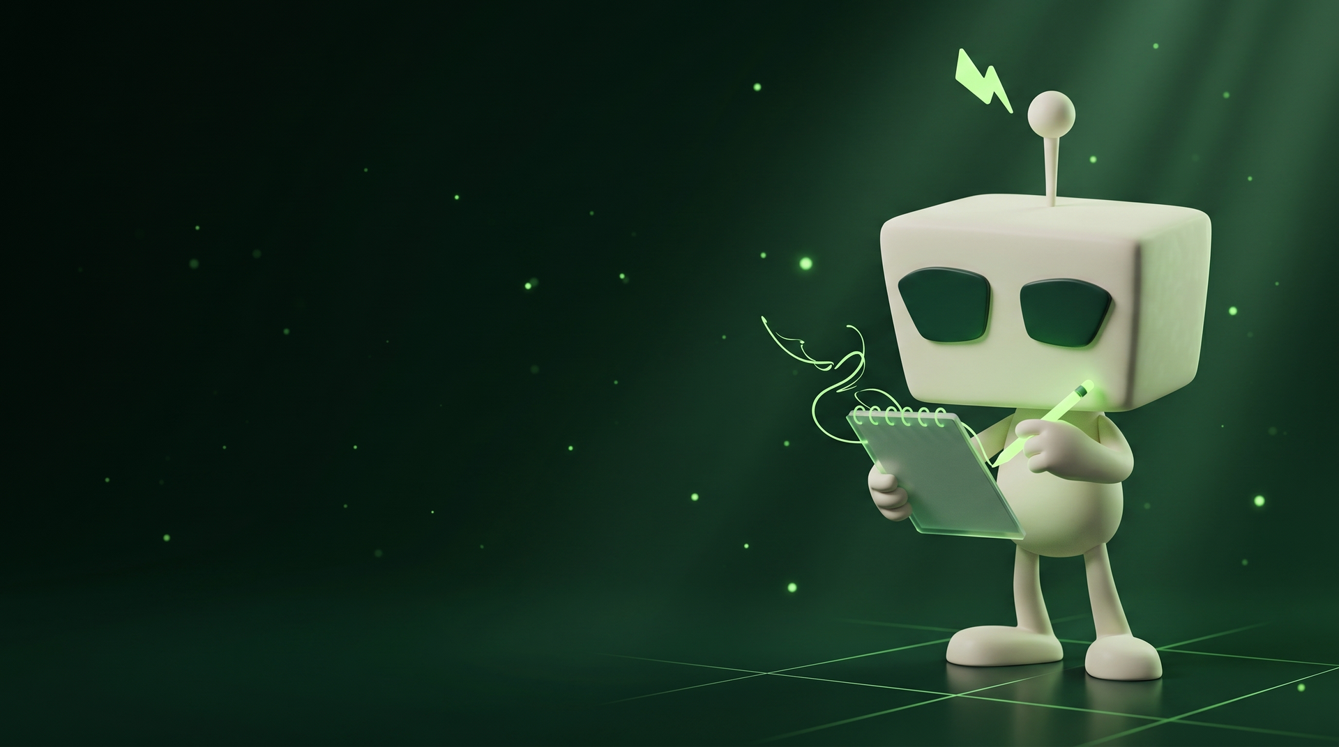 Floresta verde-escura com raios de luz; à direita, BotBuzz escrevendo num notepad holográfico de código verde-lima
