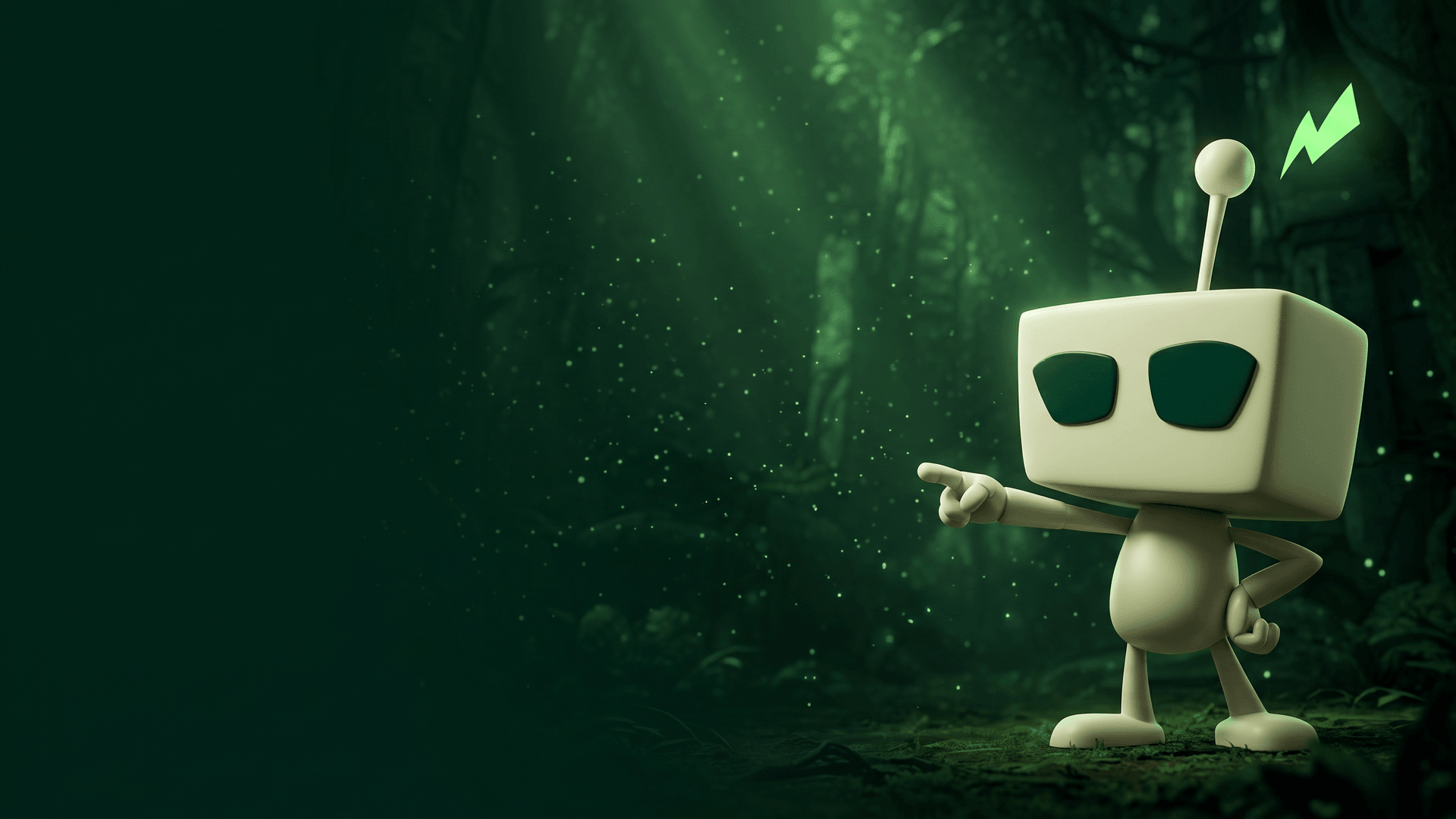 Paisagem verde-escura com raios de luz; à direita, BotBuzz aponta para a esquerda em direção ao espaço livre