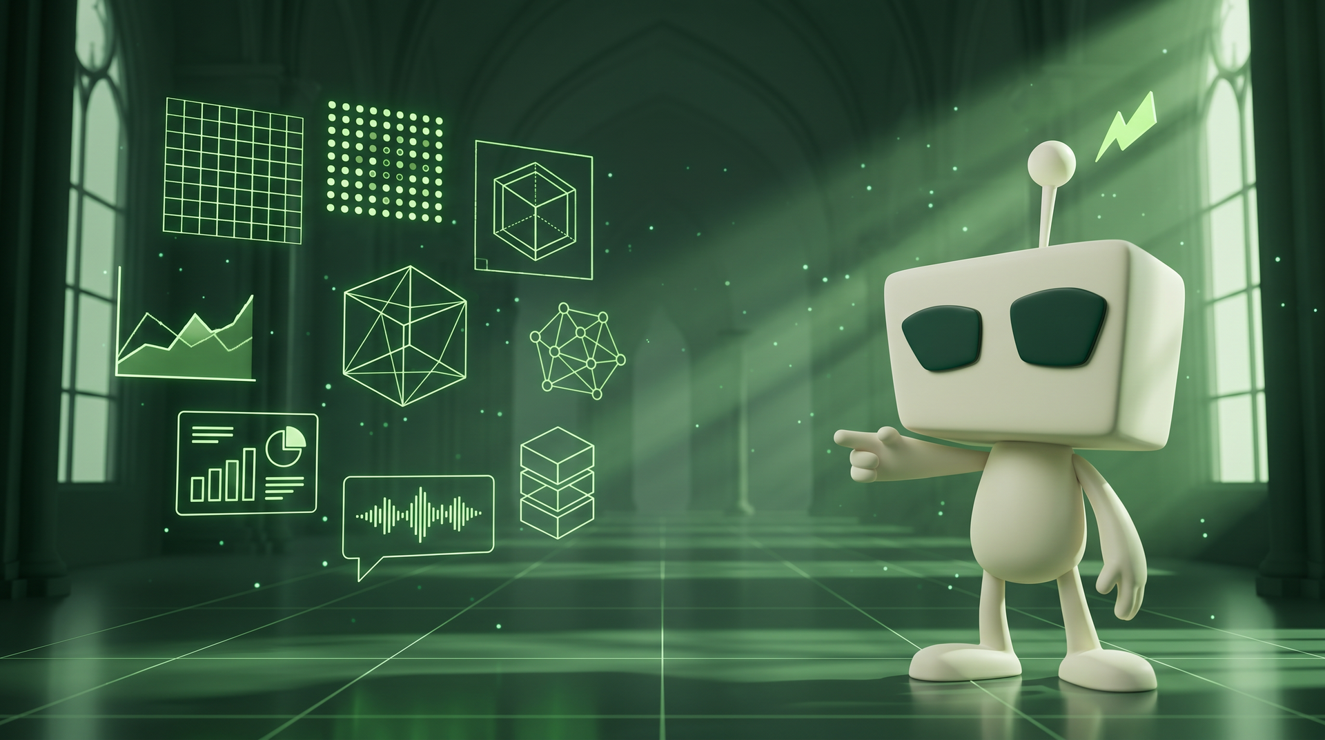 Galeria em verde-escuro; à esquerda, grid holográfico de projetos; à direita, BotBuzz apresentando o portfolio