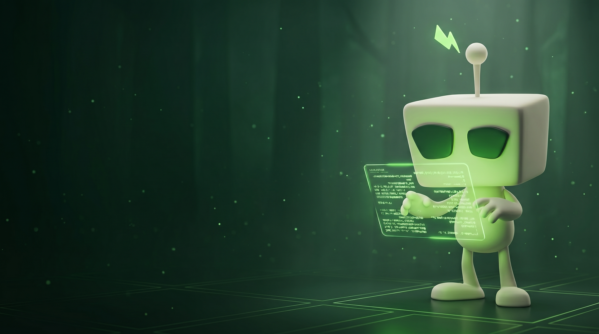 Atelier dark verde-floresta; à direita, BotBuzz interage com um terminal holográfico que emite código em verde-lima